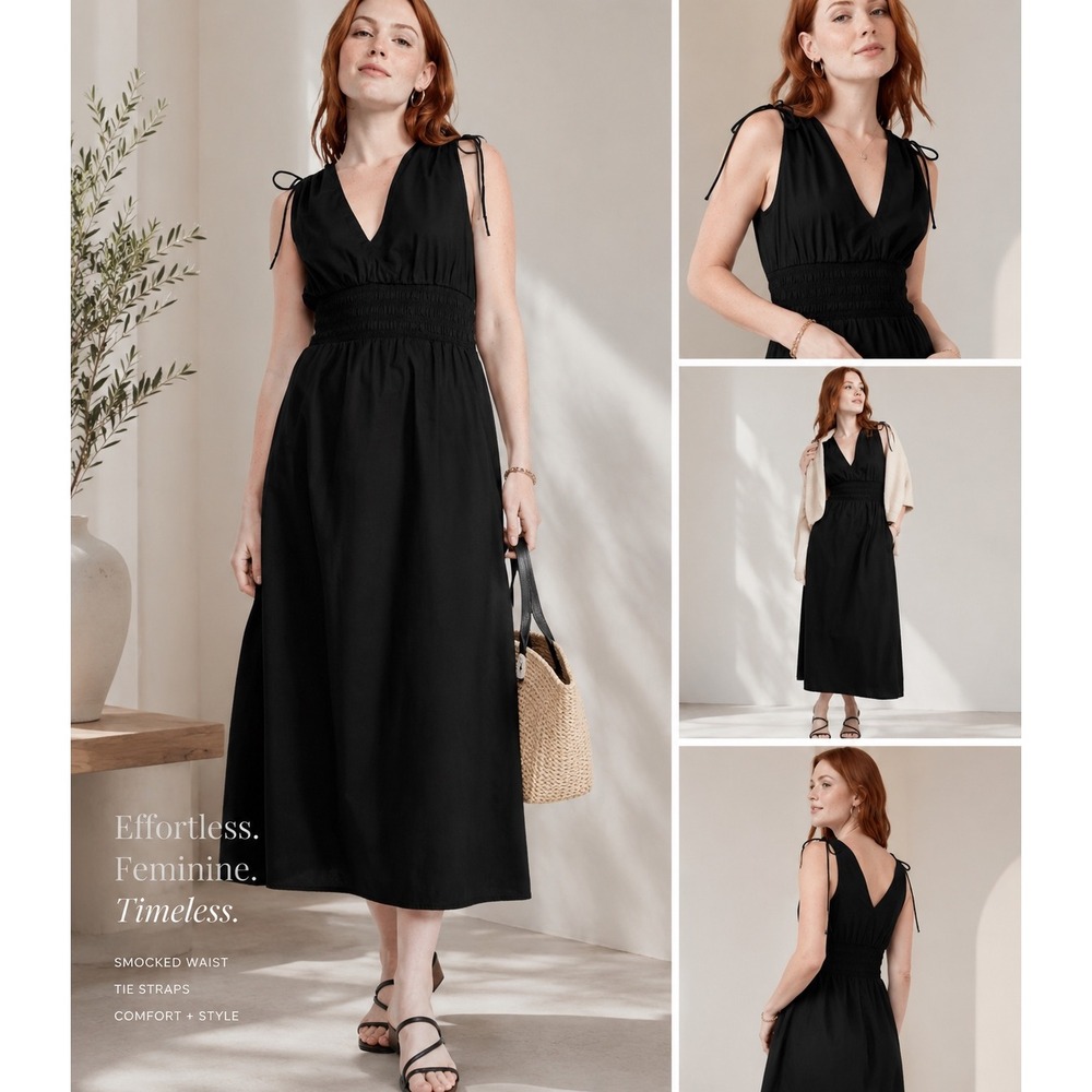 100% Cotton Smocked Waist Midi Dress Womens Medium Black Excellent Tie Shoulder